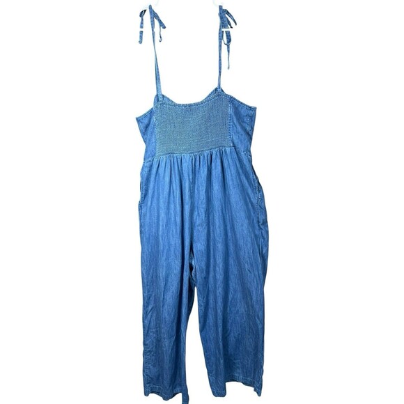 Old‎ Navy XXL Denim Chambray Jumpsuit Women’s Plus Tie Strap Smocked Wide Leg - Picture 9 of 13